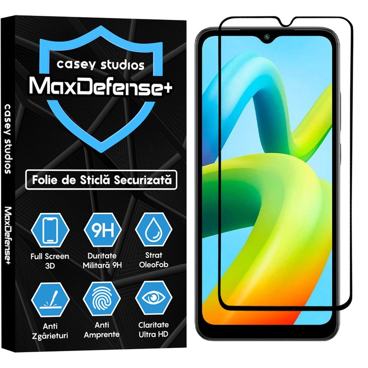 Folie Sticla CASEY STUDIOS™ compatibila cu Xiaomi Redmi A1 / Redmi A1 Plus / Redmi A2 / Redmi A2 Plus, Full Cover 3D, Full Glue, Duritate Militara, Ultra HD, Anti Zgarieturi, Anti Amprente, Anti Socuri, Margini Negre