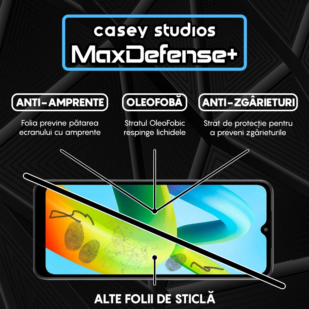 Folie Sticla CASEY STUDIOS™ compatibila cu Xiaomi Redmi A1 / Redmi A1 Plus / Redmi A2 / Redmi A2 Plus, Full Cover 3D, Full Glue, Duritate Militara, Ultra HD, Anti Zgarieturi, Anti Amprente, Anti Socuri, Margini Negre