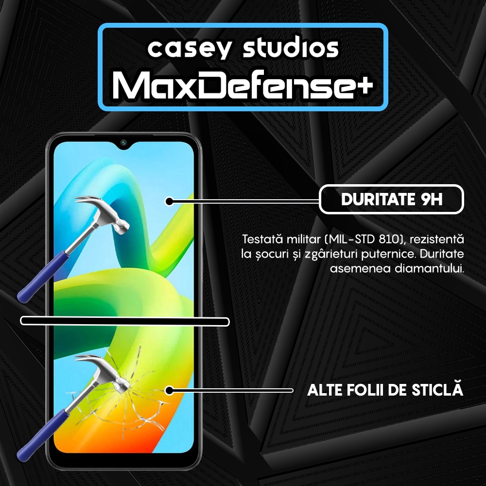 Folie Sticla CASEY STUDIOS™ compatibila cu Xiaomi Redmi A1 / Redmi A1 Plus / Redmi A2 / Redmi A2 Plus, Full Cover 3D, Full Glue, Duritate Militara, Ultra HD, Anti Zgarieturi, Anti Amprente, Anti Socuri, Margini Negre