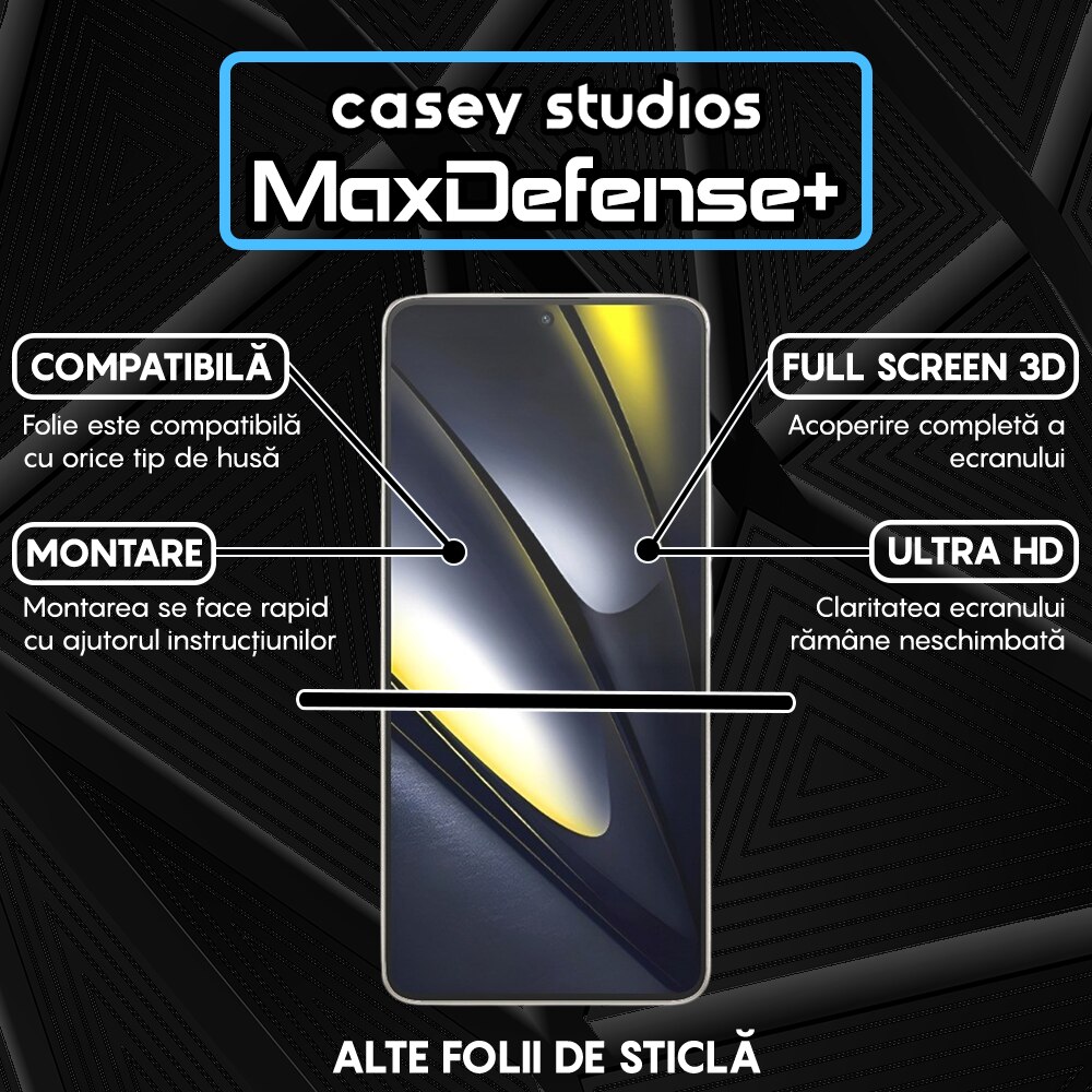 Folie Sticla CASEY STUDIOS™ compatibila cu Xiaomi Poco F6, Full Cover 3D, Full Glue, Duritate Militara, Ultra HD, Anti Zgarieturi, Anti Amprente, Anti Socuri, Margini Negre