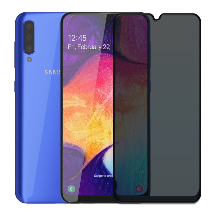 Folie din sticla securizata pentru Samsung Galaxy A50 / A30s, HAMSTERBOX Privacy Shield, Protectie completa ecran, Full face, Aplicare rapida, Case Friendly, Negru