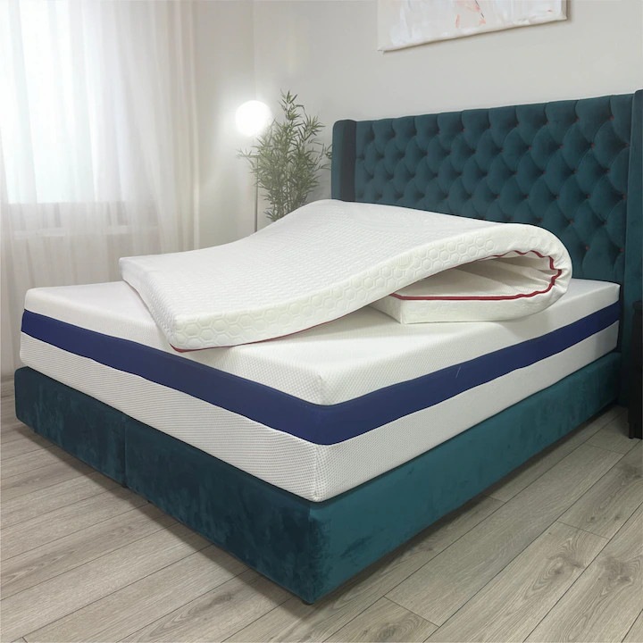 Topper saltea Sleep Evolution Sensice, H8 4cm spuma poliuretanica+ 4 cm latex cool gel, 140 x 190 cm, husa detasabila lavabila, material cu efect de racire si antialunecare