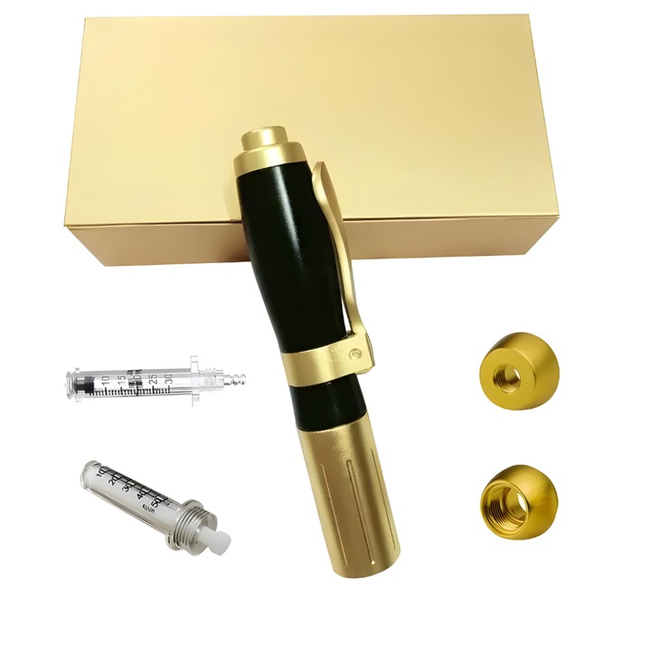 Hyaluron Pen AYCB™, Dispozitiv Premium Reglabil, pentru Aplicarea Acidului Hialuronic fara Ac, Metalic, pentru Lifting, Volumizarea, Marirea Buzelor si Umplerea Ridurilor, Fiole de 0.3ml si 0.5ml, Capete de 0.3 mm si 0.5mm, Inalta Presiune, Gold