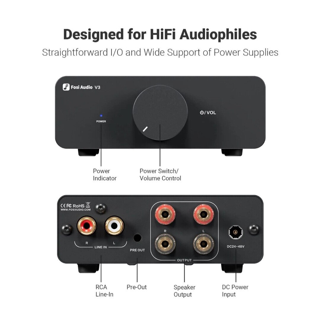 Amplificator Fosi Audio V3, 300W x 2, intrare RCA, jack 3.5 mm si
