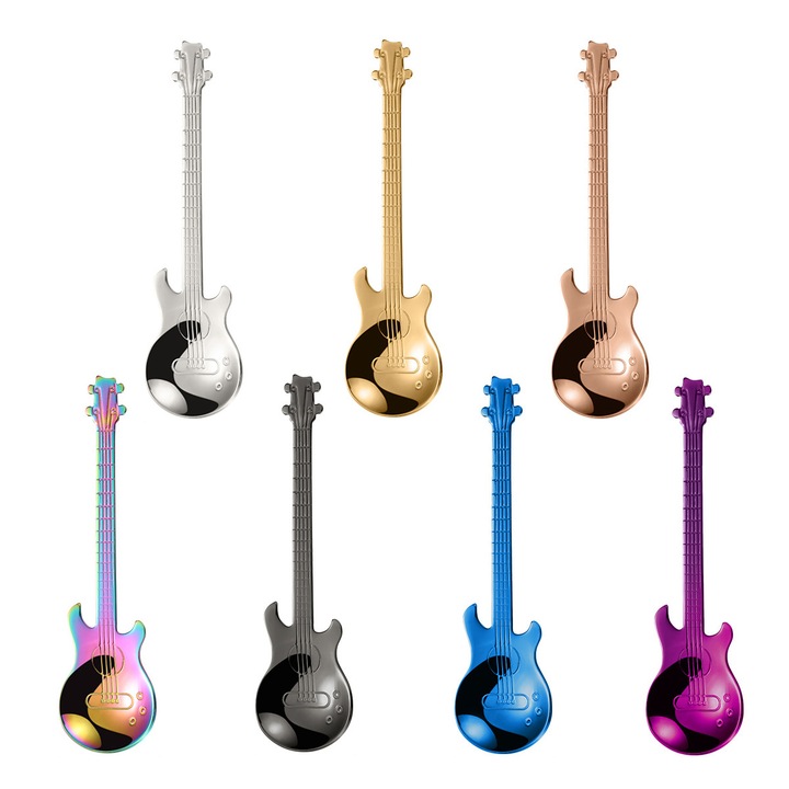 7 db rozsdamentes acél gitár alakú kanál, többszínű, kávéhoz és teához