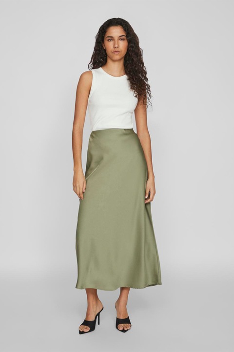 Vila, Fusta midi din satin Ellette, Kaki