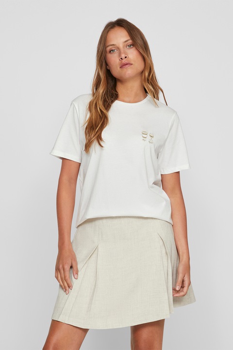 Vila, Tricou din bumbac organic cu detalii brodate, Alb optic