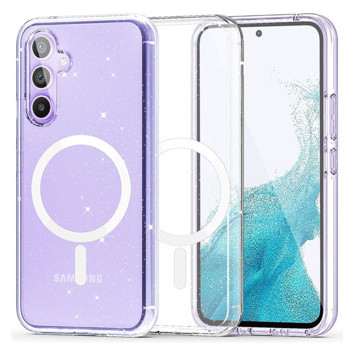 Husa de protectie magsafe compatibila cu Samsung Galaxy S23 FE, TPU cu sclipici, Slim Design, Transparent