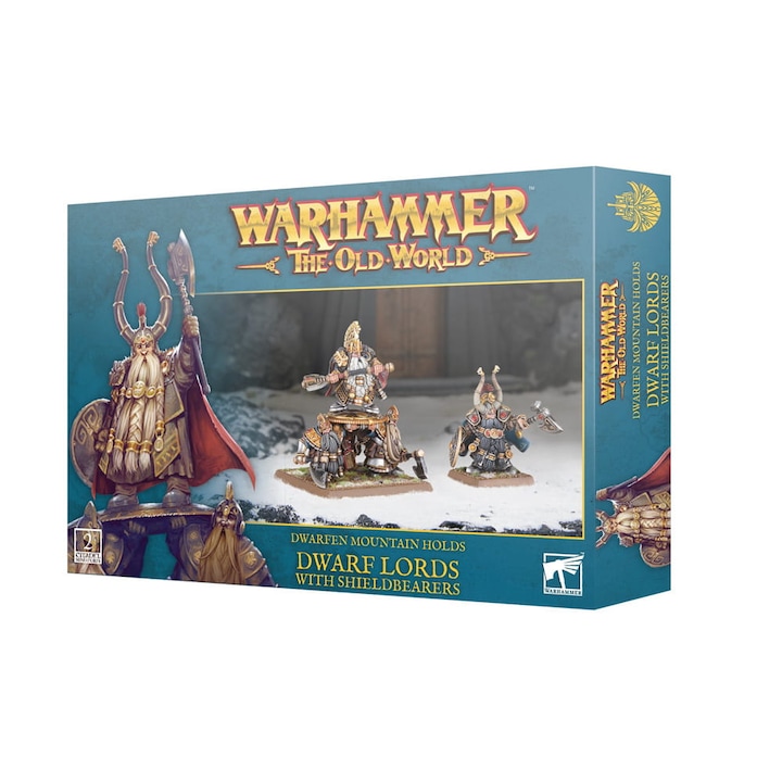 Extensie de joc Warhammer the Old World, Dwarf Lords With Shieldbearers, Games Workshop, 50 piese, gri