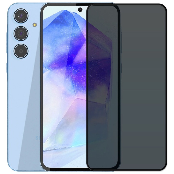 Folie din sticla securizata pentru Samsung Galaxy A55 5G, HAMSTERBOX Privacy Shield, Protectie completa ecran, Full face, Aplicare rapida, Case Friendly, Negru