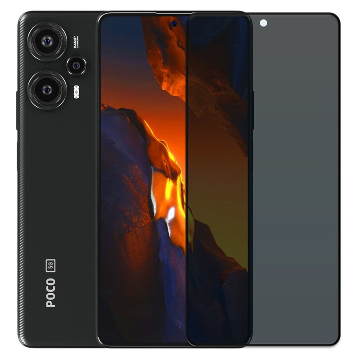 Folie din sticla securizata pentru Xiaomi Poco F5, HAMSTERBOX Privacy Shield, Protectie completa ecran, Full face, Aplicare rapida, Case Friendly, Negru