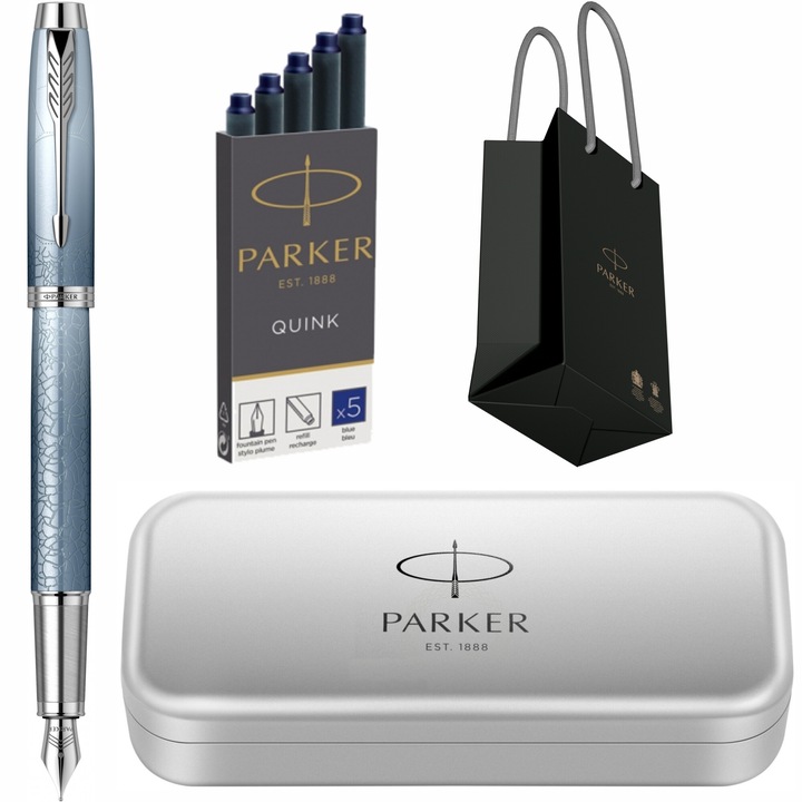 Stilou Parker IM Royal SE The Last Frontier Artic in cutie de metal, cartuse lungi Parker Quink 5 buc si punga Parker
