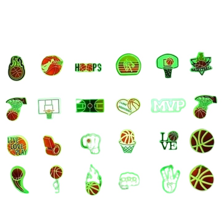 Set 22 Pinuri Jibbitz Detasabili Fosforescenti pentru Crocs si Saboti, Model Basketball Glow In the Dark