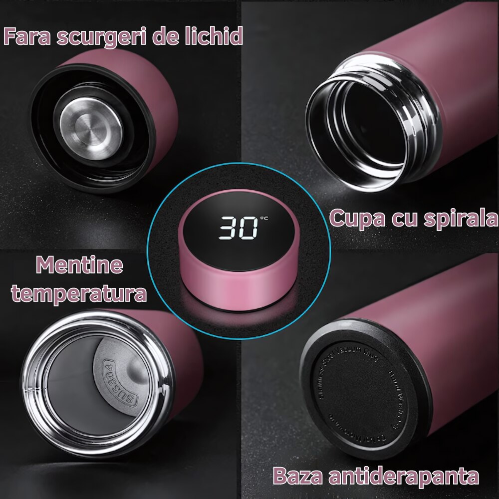 Infuzor Roz Termos Smart cu afisaj LED si ecran tactil, sita infuzor, perete dublu ...