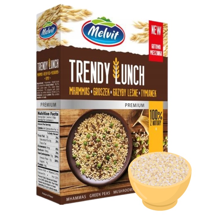 Mancare instant Melvit Trendy Lunch, mhammas cu mazare si ciuperci, natural, 4x100g