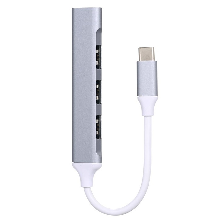 USB хъб адаптер Type-C MRG MGL232, 4x USB, USB 3.0, Multiport 4 в 1, съвместим Macbook, Ipad и Android, ултра тънък, сребрист