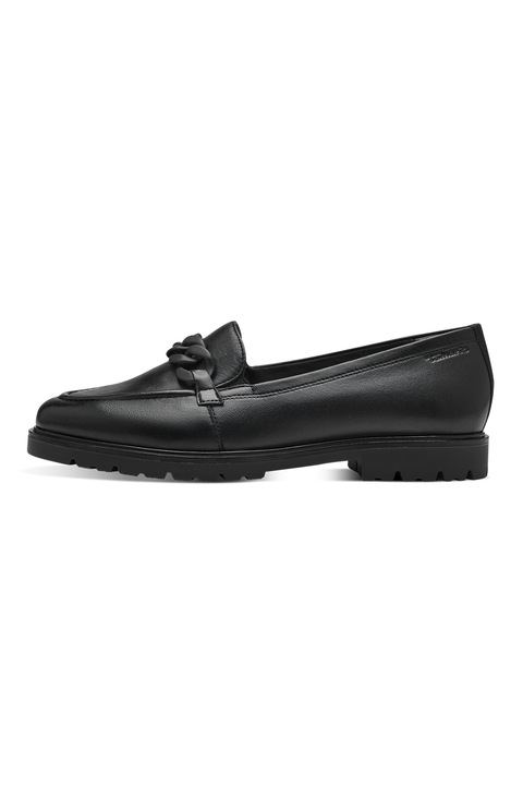 Tamaris, Pantofi loafer de piele cu detalii lant, Negru