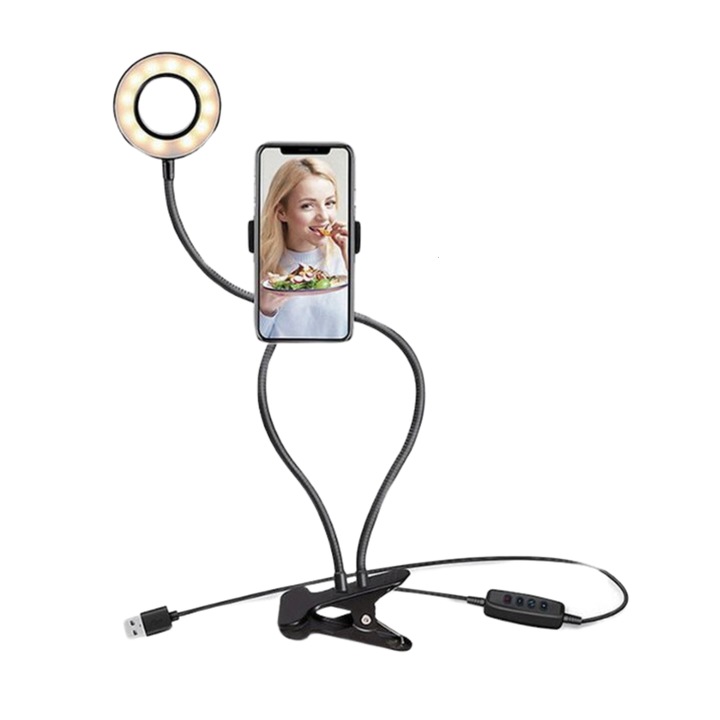Mobiltelefon tartó, Ring light LED (hideg, meleg, közepes fény), 12W, asztali tartó