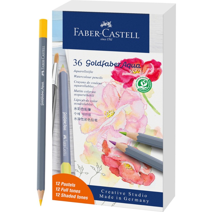 Set creioane acuarela, Faber-Castell, 24 culori de baza, 12 culori pastel
