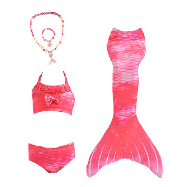 Set costum de baie Sirena Fundita Flower, Bebenani, include bratara si colier, Roz