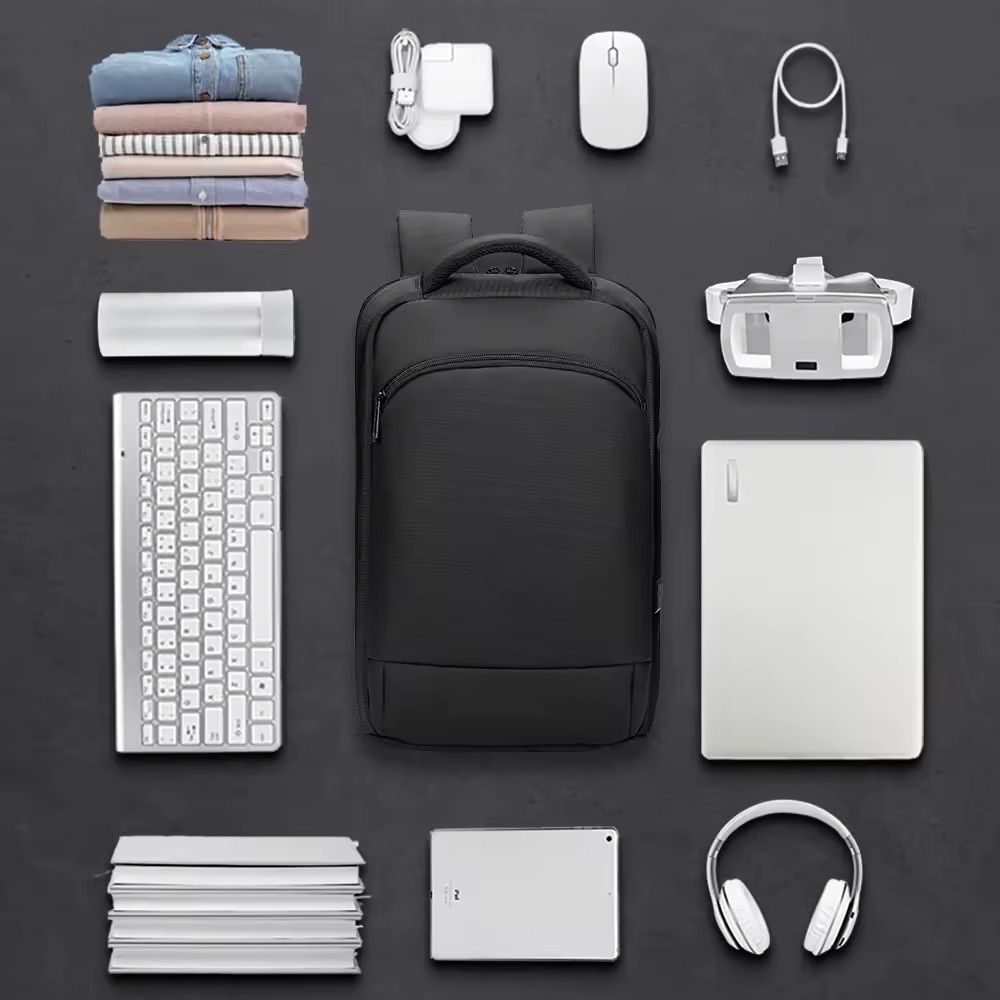 Rucsac laptop 15.6" business casual ingust, impermeabil, cu port de incarcare USB si buzunar antifurt, GETICS, 28.5x8x42 cm, Negru