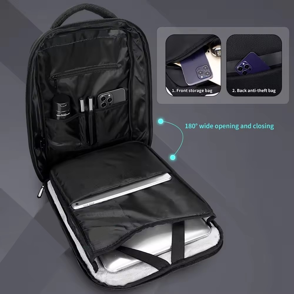 Rucsac laptop 15.6" business casual ingust, impermeabil, cu port de incarcare USB si buzunar antifurt, GETICS, 28.5x8x42 cm, Negru