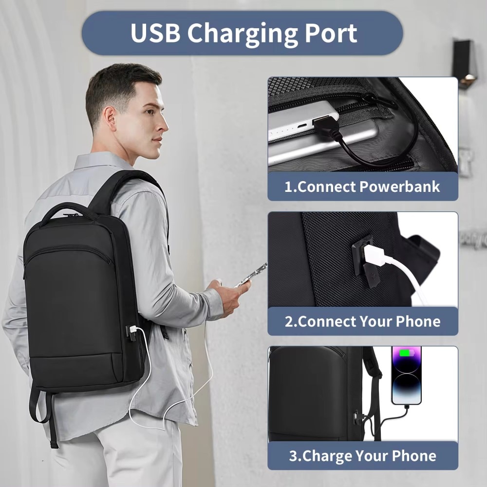 Rucsac laptop 15.6" business casual ingust, impermeabil, cu port de incarcare USB si buzunar antifurt, GETICS, 28.5x8x42 cm, Negru