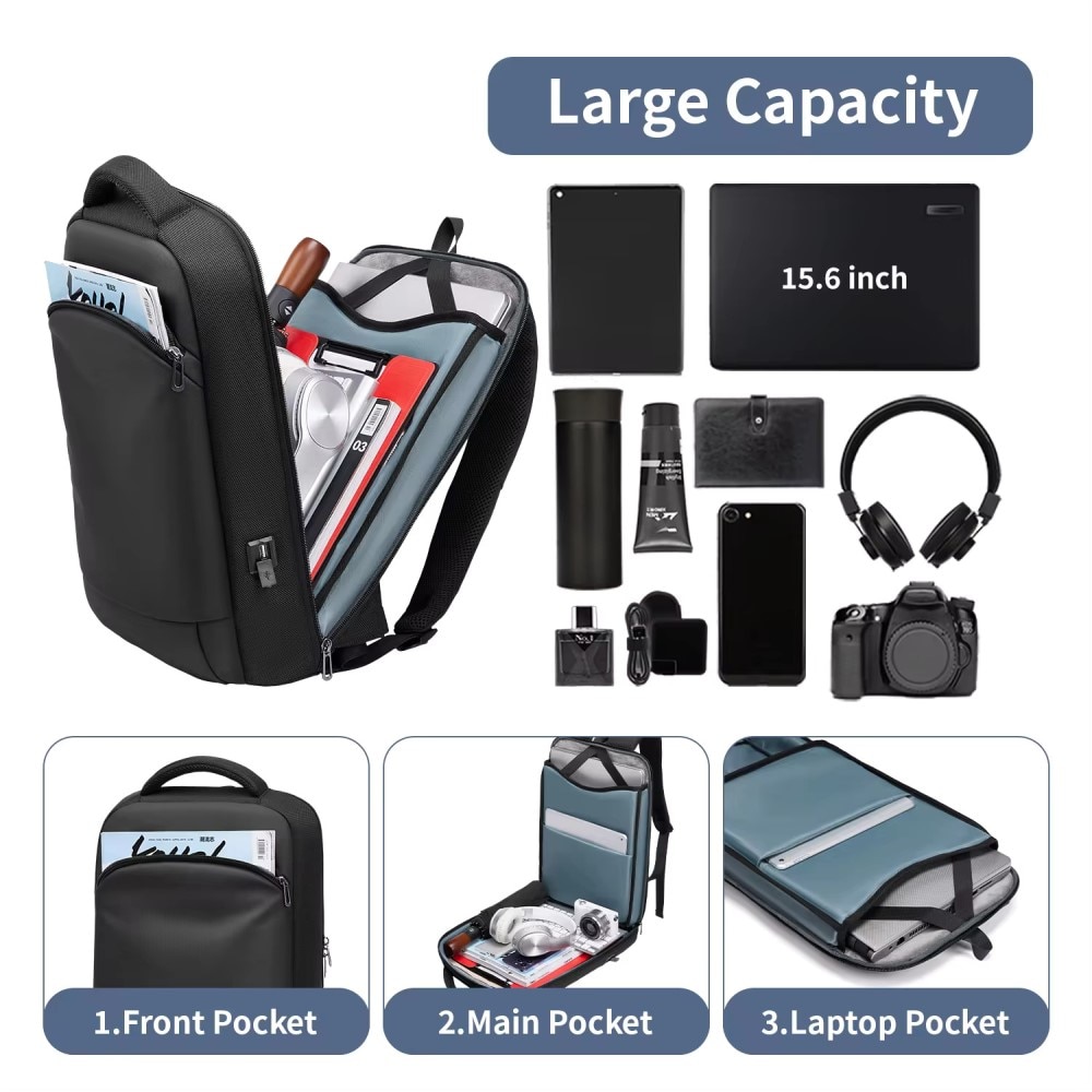 Rucsac laptop 15.6" business casual ingust, impermeabil, cu port de incarcare USB si buzunar antifurt, GETICS, 28.5x8x42 cm, Negru