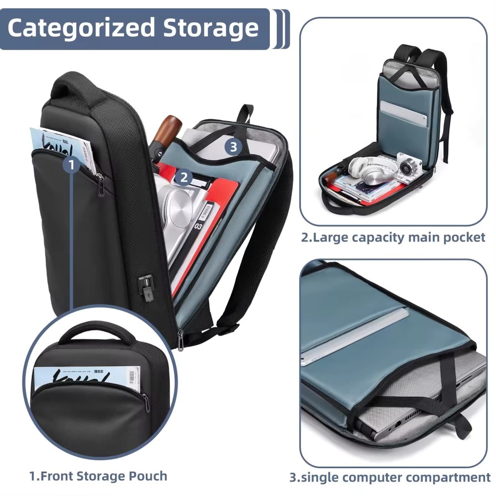 Rucsac laptop 15.6" business casual ingust, impermeabil, cu port de incarcare USB si buzunar antifurt, GETICS, 28.5x8x42 cm, Negru