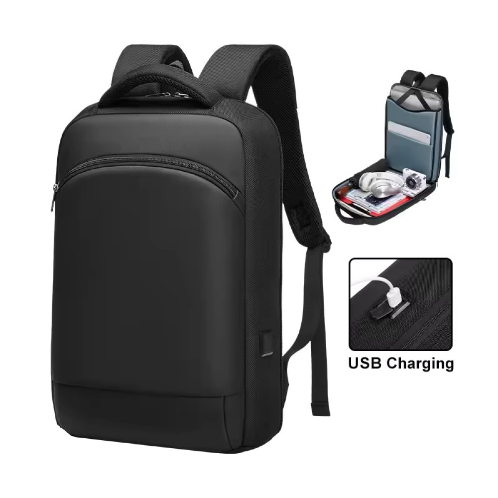 Rucsac laptop 15.6" business casual ingust, impermeabil, cu port de incarcare USB si buzunar antifurt, GETICS, 28.5x8x42 cm, Negru