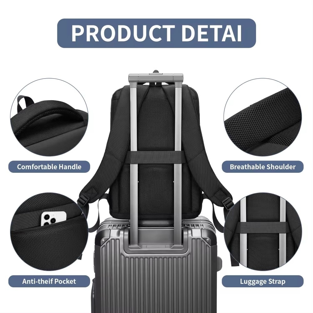 Rucsac laptop 15.6" business casual ingust, impermeabil, cu port de incarcare USB si buzunar antifurt, GETICS, 28.5x8x42 cm, Negru
