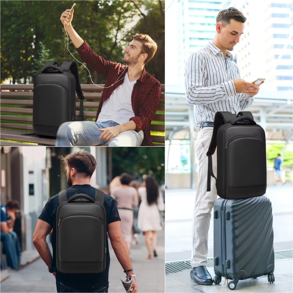 Rucsac laptop 15.6" business casual ingust, impermeabil, cu port de incarcare USB si buzunar antifurt, GETICS, 28.5x8x42 cm, Negru