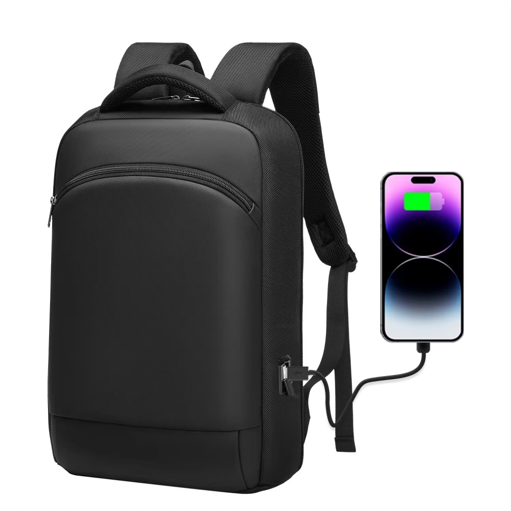 Rucsac laptop 15.6" business casual ingust, impermeabil, cu port de incarcare USB si buzunar antifurt, GETICS, 28.5x8x42 cm, Negru