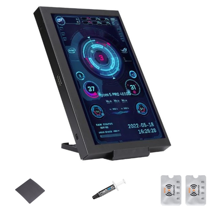 Display Secundar Gaming PC IPS 5 Inch, Monitorizare Temperatura si Performanta GPU, CPU, SSD, Retea, USB-C, Negru + Filtru praf 120 MM pentru PC, Pasta Termoconductoare HUSKY 1g, 2 Protectii RFID, UNDERSHOP®