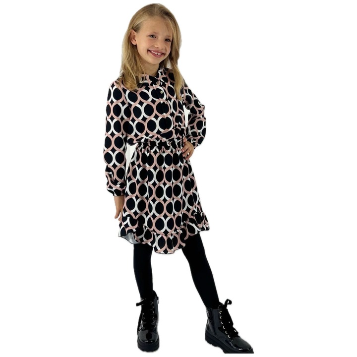 Rochita pentru fete, croiala lejera, elastic in talie si la mansete, Alb/Negru/Roz