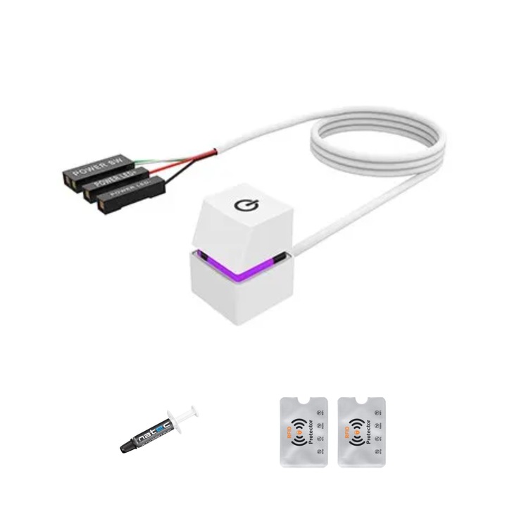 Kábelhosszabbító, 2 méter, PC be-ki gomb, mechanikus LED lámpa 7 színnel, Gaming, fehér, 2 Rfid védelem, Nantec hővezető paszta 1g, UnderShop