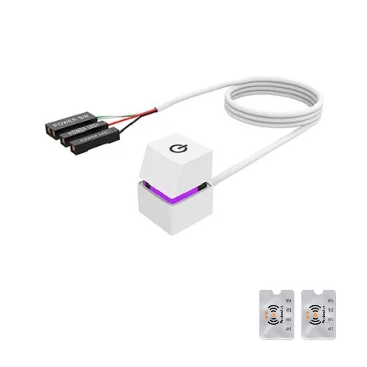 Buton Mecanic PowerOn Extensie PC LED, Oprire-Pornire Desktop, Gaming, Extensie Cablu 1.65 Metri, Alb + 2 Protectii RFID, UnderShop