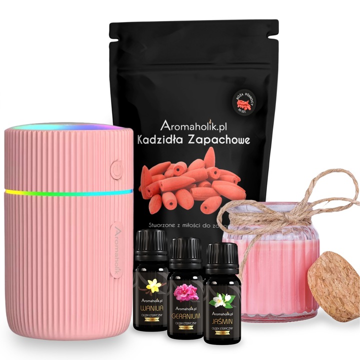 Комплект за ароматерапия Aromaholik, Розов дифузер INTENSE, 3 масла x 10 мл, Соева свещ, 30 тамянни шишарки, 12x7x7 см