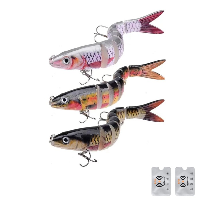 Set 3 Voblere, 13.5 CM, 19 Grame, 8 Segmente, Lent Scufundator, Pentru pescuit Stiuca, Salau, Somn + 2 Protectii Rfid, UnderShop