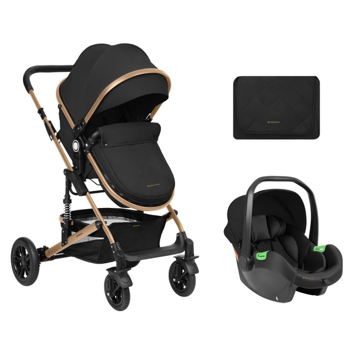 Трансформираща се количка KikkaBoo 3в1 Amaia Black 2024 до 22кг, алуминиева рамка, окачване на колелата и рамката, регулируема облегалка, реверсивна седалка, столче за кола I-Size, чанта, поставка за чаша и включени аксесоари