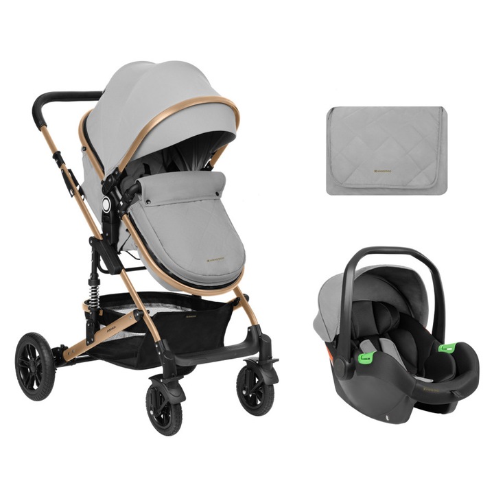 Трансформируема количка KikkaBoo 3в1 Amaia Light Grey до 22кг, алуминиева рама, окачване на колела и рама, регулируема облегалка, реверсивна седалка, Столче за кола I-Size, чанта, поставка за чаша и включени аксесоари