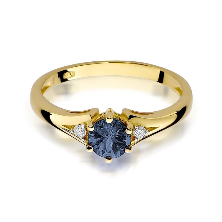 Inel de logodna, GIORRE, aur galben 585, safir central 0.50 ct, diamante 0.03 ct, 2x5.5mm, marimea 18