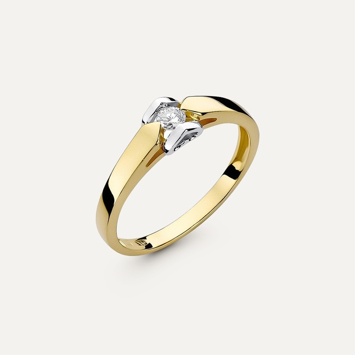 Inel de logodnă din aur alb și galben, inimă cu diamant - Iubire, Auriu