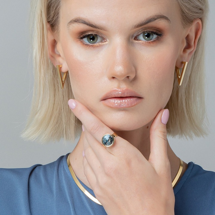 Inel din argint cu cristal GAVBARI - Patina Albastra, placat cu aur - marimea 13 | Φ16.67MM