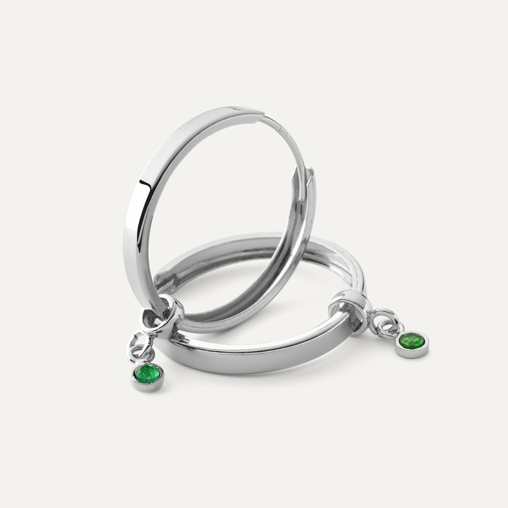 Сребърни обеци халки с висулки - зелен нефрит с платинено покритие