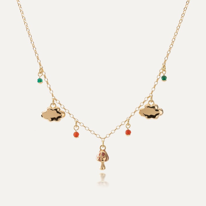 Colier cu o ciuperca si pietre naturale, argint 925 placat cu aur