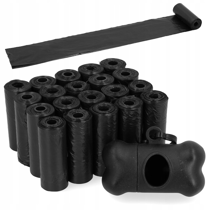 Set suport pungi igienice si 20 role pentru caini, X-tech, Plastic, 300 bucati, 30x21.5cm, Negru