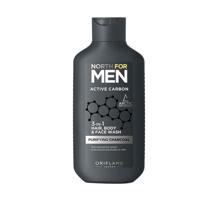 Tusfürdő 3 az 1-ben Oriflame North For Men, aktív szénnel, 250 ml