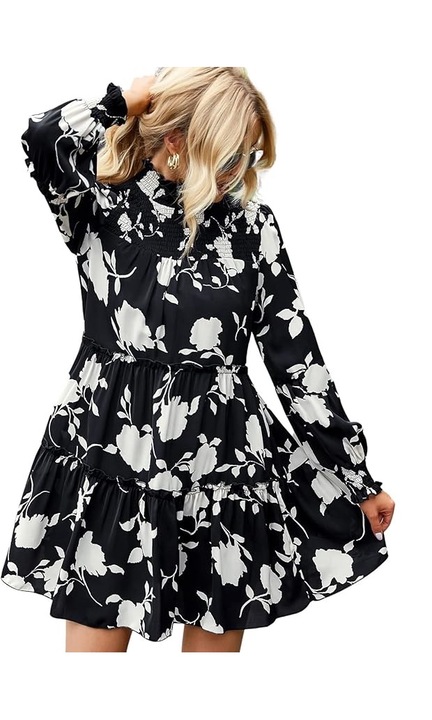 Rochie mini de vara pentru femei, Bebreez Chic, Maneci Lungi, Marimea S, Negru si Bej