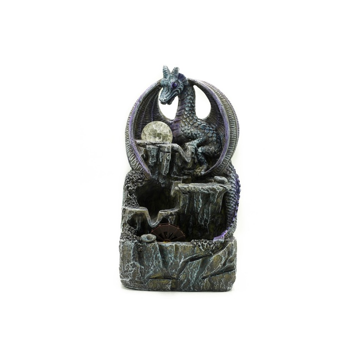 Настолен артезиански фонтан - 35 см - лилав дракон, кристален глобус и водно колело